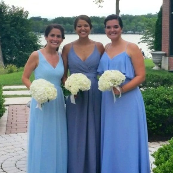 Tulle and Chantilly Dusty Blue Full Length Backless Chiffon Dress - Picture 4 of 5